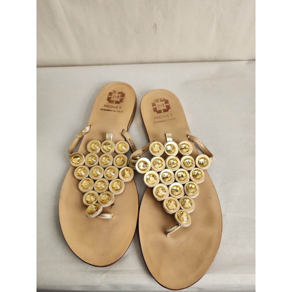 Monet Gold Crystal Embellished Thong Sandals Womens 7M Amber Rhinestone Flat